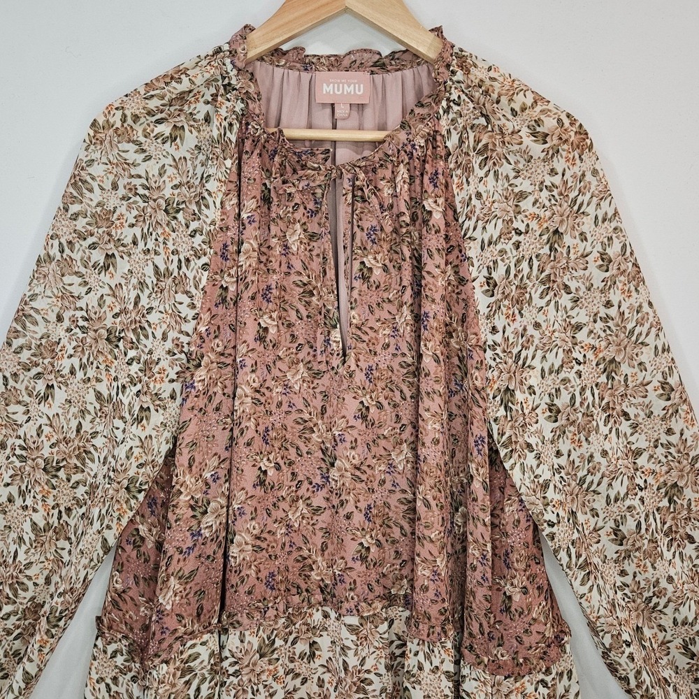 Show Me Your Mumu Birdie Dress Tiered Boho Cottage L Floral Pink Sheer Peasant - Picture 5 of 15